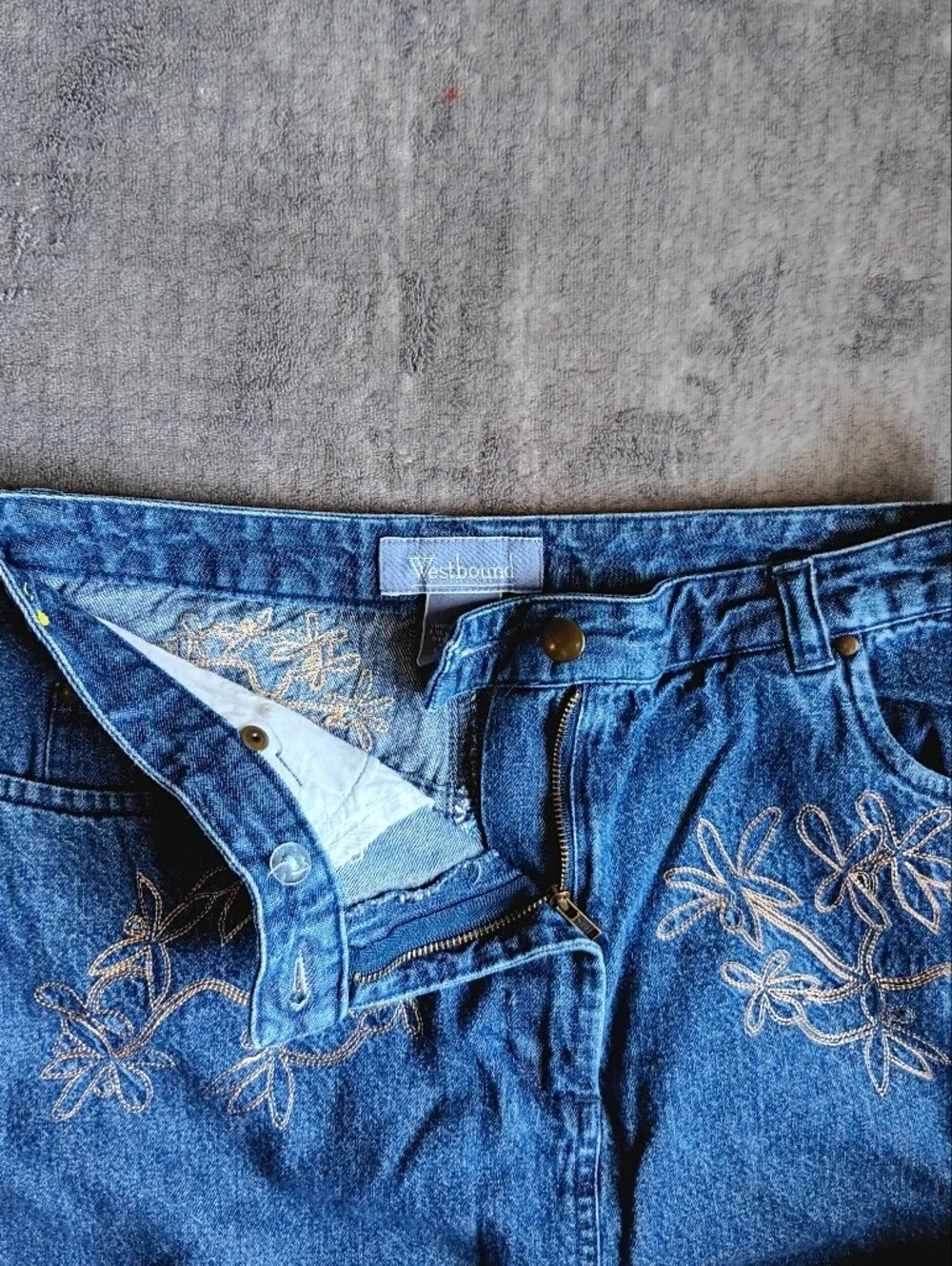 Y2K Blue Denim Cotton Jean Floral Embroidered Skirt, Vintage Westbound Size 8